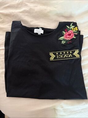 Escada Black Short Sleeve Tee with Pink Floral Embroidery and Gold Patch women